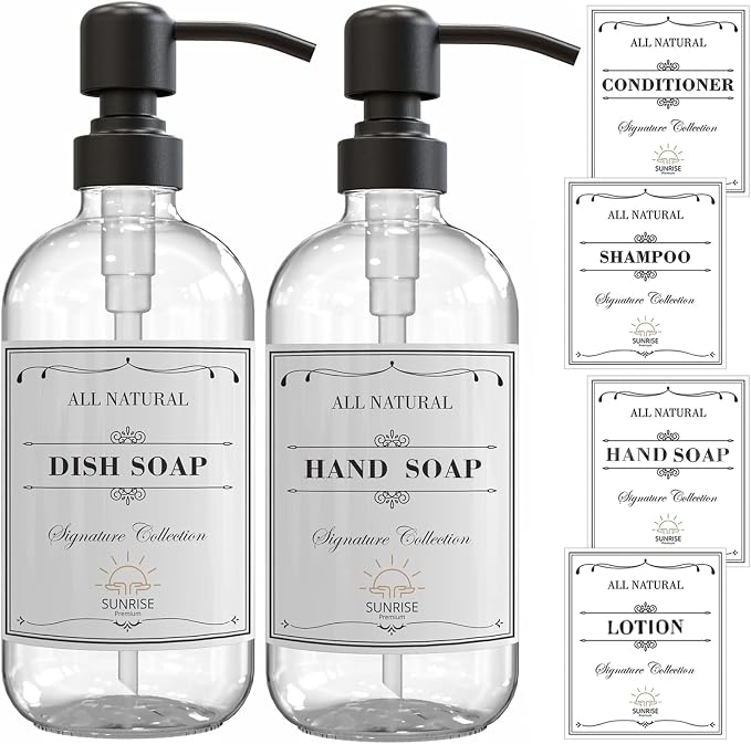 Clear Glass Soap Dispenser with Pump, 16 oz | Clear Glass, Matte Black Stainless Steel Pump, Bathroom and Kitchen Sink use, 6 Waterproof Labels, (Pack of 2)