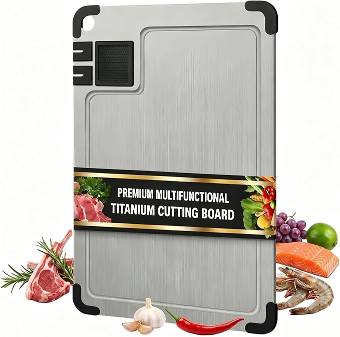 Titanium Cutting Board for Kitchen, 2026 New Food-Grade Board, with Sharpenersr, Garlic Grinding Area, Juice Groove, Non-Slip Corner Guards, Multifunctional Non Toxic Chopping Board, 14.2"x9.8"