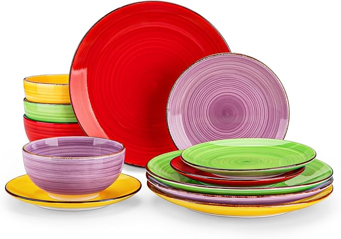 vancasso Bonita Dinnerware Set Multicolor Stoneware 12 Pieces Service for 4 | Handpainted Spirals Pattern Stoneware Plates and Bowls Set, Modern Ceramic Plate Set-Microwave and Dishwasher Safe