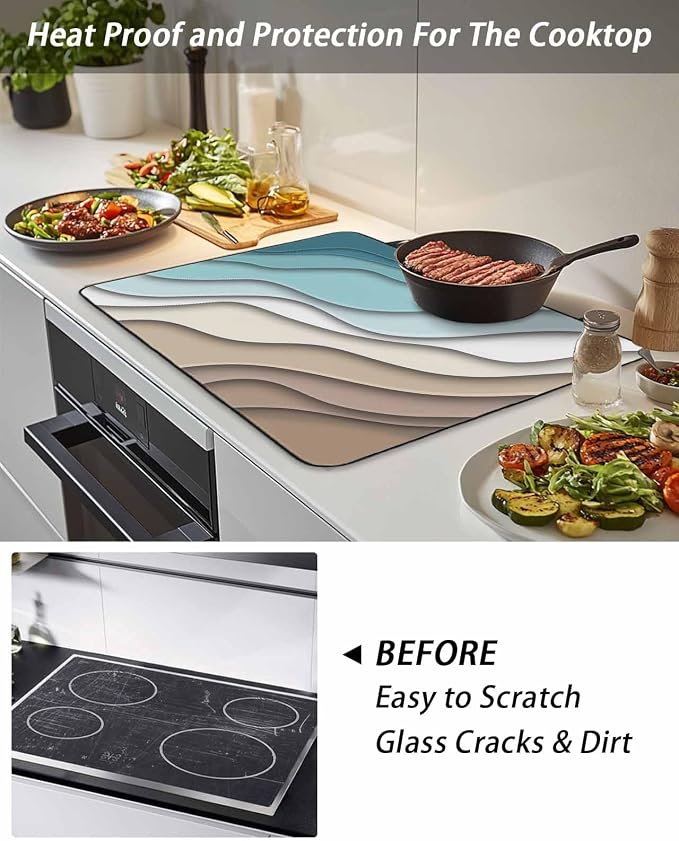 Stove Top Covers for Electric Stove 28.5x20.5 Inches,Teal Brown Ombre Cream HeatResistant Glass Cooktop Protector,Modern Geometric Sea Waves Abstract Ceramic Stovetop Countertop Covers Mat,Oven Cover