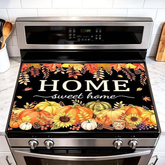 Fall Pumpkin Stove Top Cover for Electric Stove, 28x20 In Mat | Heat-resistant non-slip mat holds hot cookware; glass cooktop protector, dish drying; thanksgiving farmhouse kitchen decor