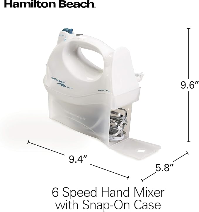 Hamilton Beach Power Deluxe 6-Speed Electric Hand Mixer With QuickBurst | Powerful 250 Watt Motor | Traditional Beaters | Whisk | Snap-On Storage Case | Bowl Rest | White | 62695V