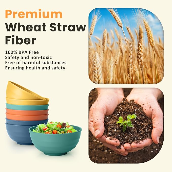 Large Bowls, 60 Oz Salad Bowls, Large Cereal Bowls, 8PCS Unbreakable Wheat Straw Serving Bowls for Pho, Popcorn, Soup & Oatmeal, Microwave & Dishwasher Safe for Kitchen, Camping (Multi)