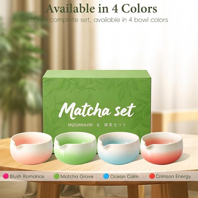 Matcha Whisk Set, Ceramic Matcha Set Includes Bowl & Holder, Bamboo Whisk (Chasen), Scoop, Spoon and Sifter, 6Pcs Matcha Kit Covers Everything Needed for Making Matcha (Red)