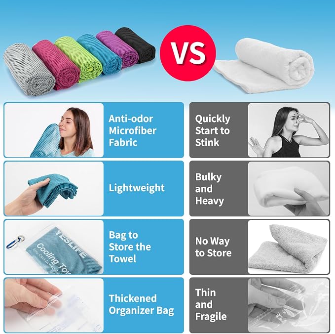 YESLIFE Cooling Towels, 6-Pack 40"x12", Multicolor | Microfiber gym towels, soft breathable neck wrap, cooling towel for yoga running sport camping, Multicolor, 6-pack
