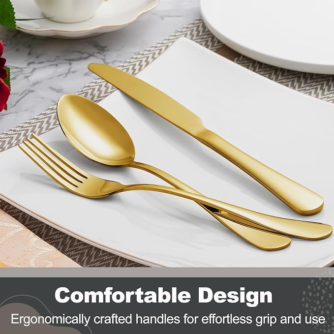 Runfly 60-Piece Gold Flatware Set, Stainless Steel Cutlery Set for 12 | Mirror Polished Durable Utensil Set Includes Knife Fork Spoon for Home Kitchen Restaurant Tableware