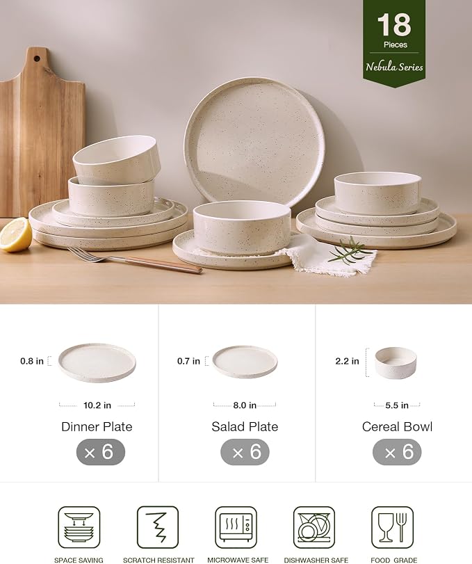 Famiware Nebula 18-Piece Stoneware Dinnerware Set, Creamy White | Plates and Bowls with Reactive Glaze and Colorful Speckles, Chip & Scratch Resistant, Microwave & Dishwasher Safe