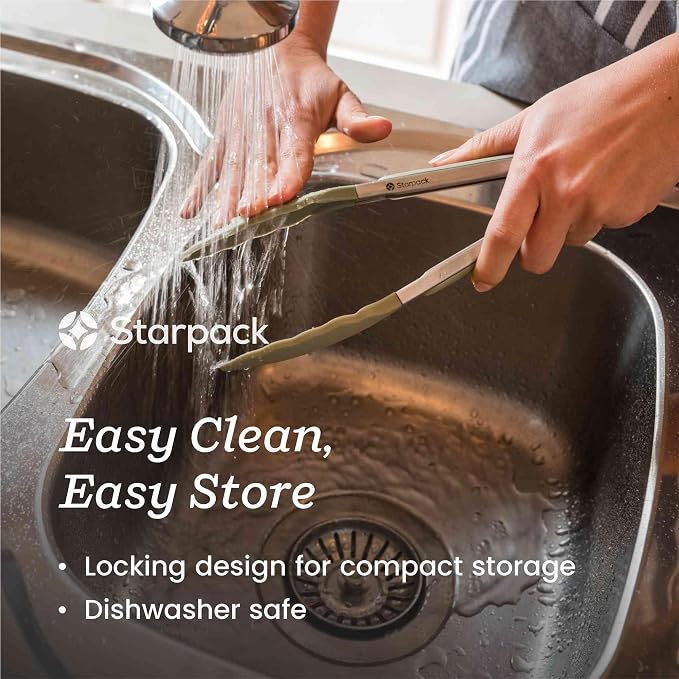 Starpack Get a Grip Silicone Kitchen Tongs (2-Pack, 9" + 12") - LFGB Non Toxic, 600°F Heat Resistant, BPA-Free - Heavy-Duty Stainless Steel, Locking - Dishwasher Safe for Nonstick Cookware Sage Green