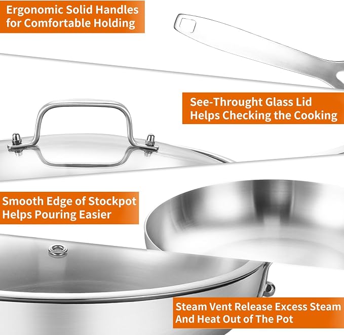 DELARLO Tri-Ply Stainless Steel Frying Pan Set 10.2" 12.2" kitchen skillet | Stainless Steel Pan Cooking Heat fast and evenly Compatible with All Cooktops Dishwasher and Oven Safe