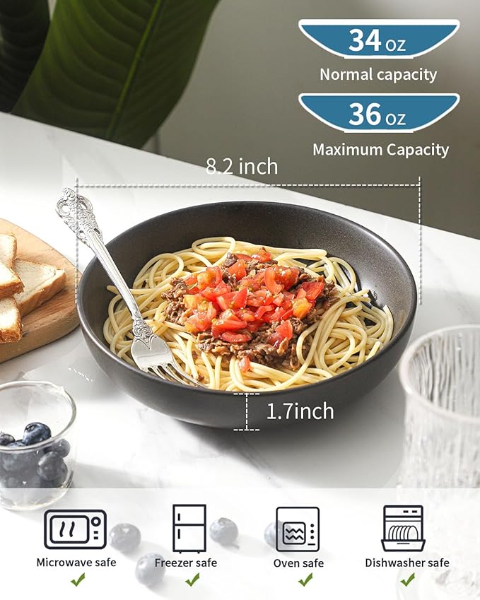 Ceramic Pasta Bowls, 34 oz Large Serving Bowls Set of 2, Stoneware Dinner Bowls for Pasta, Soup, Salad, Deep Pasta Plates for Housewarming Gift, Microwave & Dishwasher Safe, Matte Black
