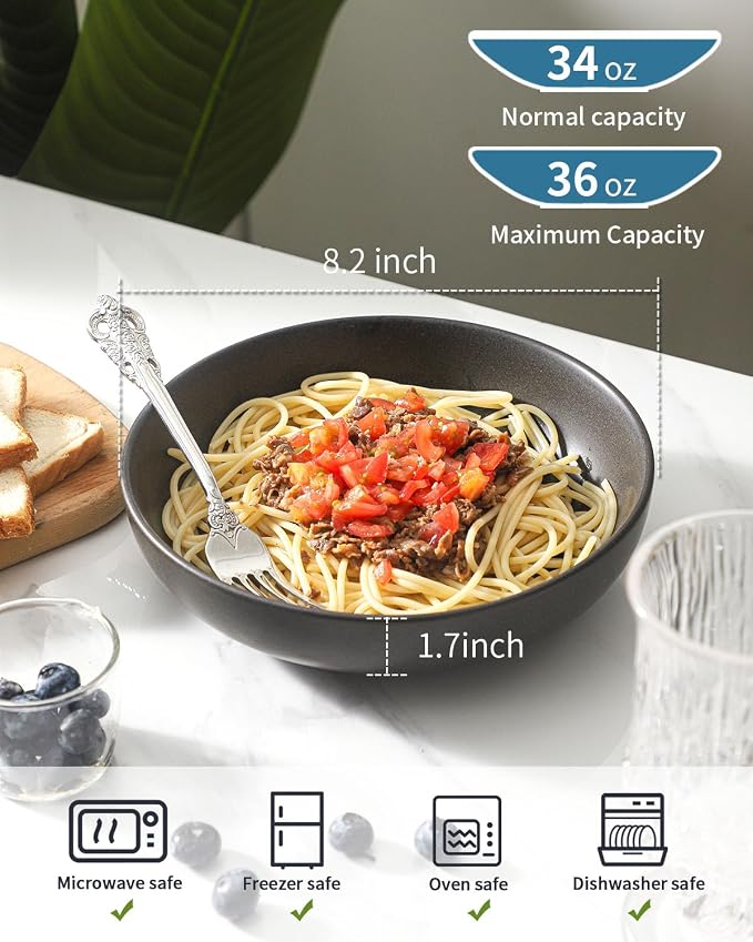 Stoneware Pasta Bowls, 34 oz Large Salad Bowl Set of 4, Ceramic Serving Bowls for Ramen, Pasta, Fruit, Cereal, Dinner, Wide and Shallow Bowls, Microwave & Dishwasher Safe, Matte Black