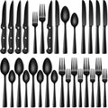 Stapava 24 Pcs Black Silverware Set with Steak Knives, Food-Grade Stainless Steel Flatware Set for 4 Mirror Polished Cutlery Utensil Sets Include Forks Spoons and Knives Set Dishwasher Safe