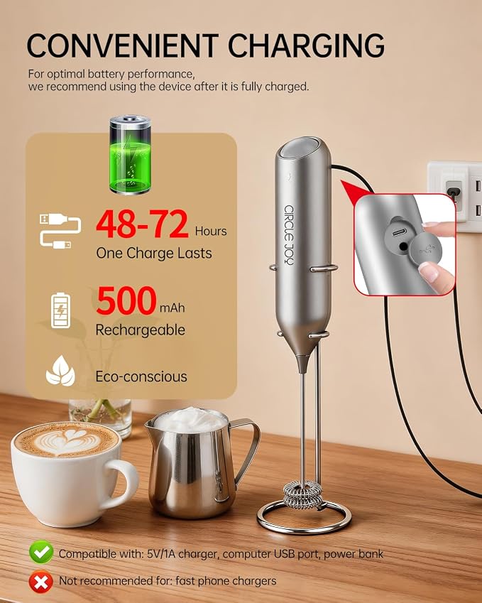 CIRCLE JOY Rechargeable Milk Frother Handheld with Stand, Dual Spring Whisk Electric Foam Maker, Detachable Hand Frother Wand Drink Mixer for Lattes, Cappuccino, Macchiato, Hot Chocolate, Silver