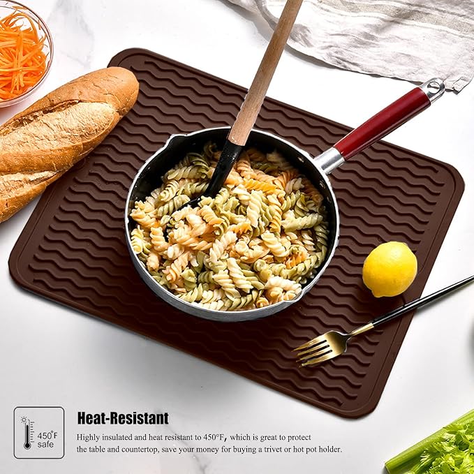 Silicone Dish Drying Mat, Non-Slip Easy Clean Sink Mat, Coffee, 14" x 11" | Quick-Dry Ridges, Large Heat-resistant Dish Drainer Mat for Kitchen Counter, Hangable & Roll-Up for Storage, Dishwasher Safe