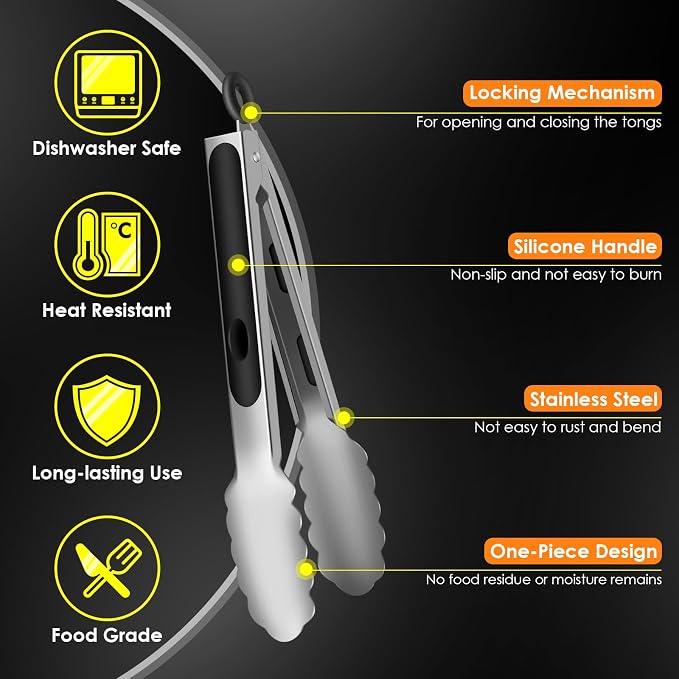 Stainless Steel Cooking Tongs, Heat Resistant Metal Tongs 9" and 12" | Heat Resistant 600 Degrees Kitchen Tongs with Silicone Grip for BBQ, Grilling, Serving, Salad, Dishwasher Safe, Locking
