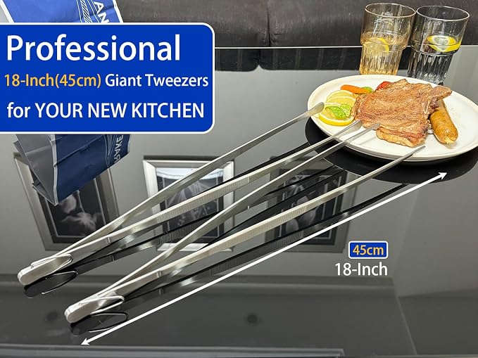 JETKONG 2 Pcs 18 Inch (45cm) Stainless Steel Grill Tongs Heavy Duty Giant Tweezer Tongs, Extra Large Tweezers Tools for Cooking, Grilling, BBQ and Turning Food (Silver)