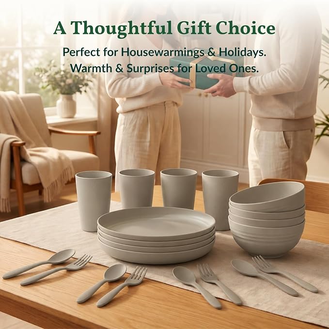 Wheat Straw Dinnerware Sets 20 PCS Unbreakable Plates and Bowls Sets Microwave Safe Camping Dish Set Kids Dinnerware Set, Kitchen, Apartment, Party, RV, Picnic, Dorm-Grey