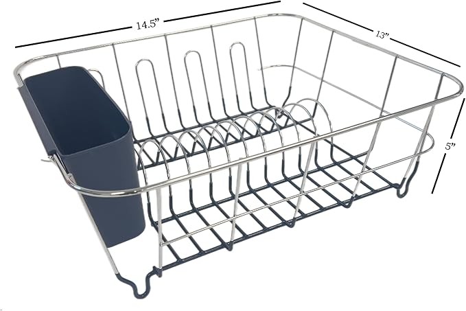 Dish Drying Rack & Cutlery Holder 2 Piece Set Compact Sink-Fitting Dish Drainer with Rubberized Undercoating Space-Saving Kitchen Organizer for Plates, Cups, Bowls & Utensils In Sink, Navy