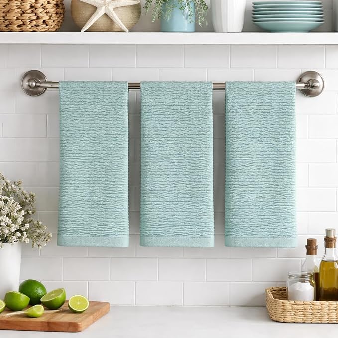 Seafoam Sage Aqua Green Kitchen Dish Towels, 3 PC, 100% Cotton, 18" x 28" | Terry Loop Ribbed Textured, Soft & Absorbent Cleaning Cloth, Quick Dry, Multipurpose for Everyday Use