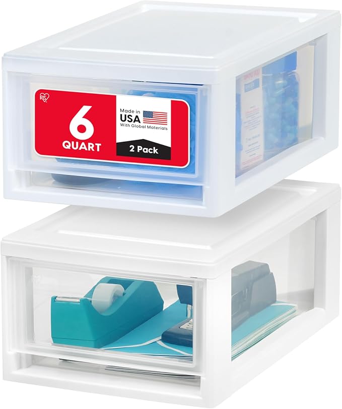 IRIS USA 2-Pack, 6 Qt. Small Stacking Drawer Storage Organizer, White | Keep craft supplies, accessories, office items, and small essentials organized around your home for easy everyday storage