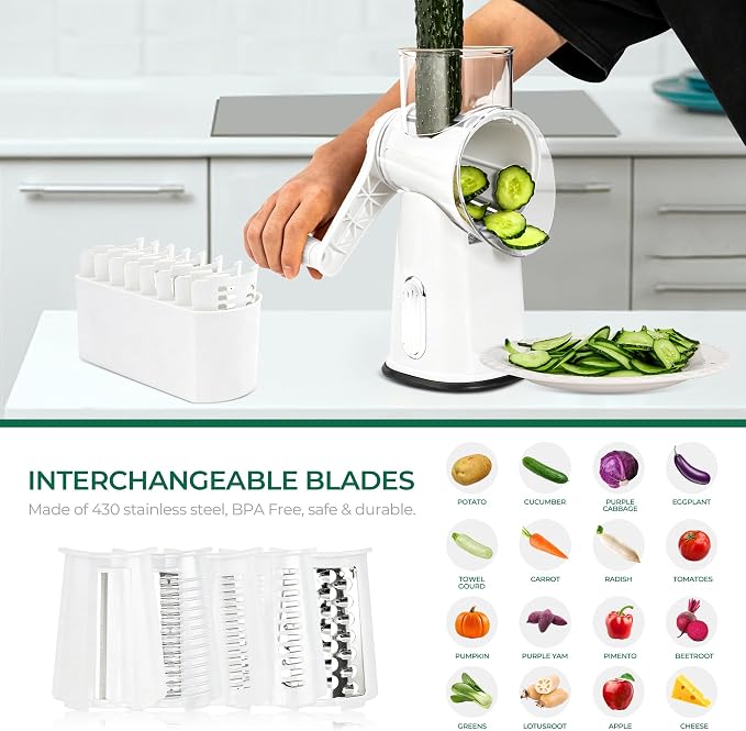 SUSTEAS Rotary Cheese Grater 5 Blades,Kitchen Mandoline Vegetable Slicer | White, Easy to Clean, Strong Suction Base, 5 Blades Storage Box, Round Mandoline Slicer & Food Chopper for Salad