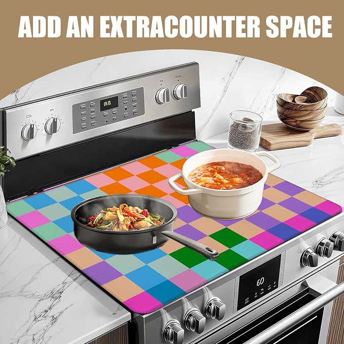 Colorful Checkered Stove Top Covers for Electric Stove, Electric Gas Stove Pad Heat Resistant Range Cooktop Protector for Home Decor Kitchen 28"x20"