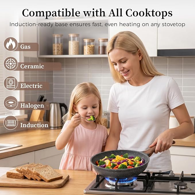 YASHE 3Pcs Granite Nonstick Frying Pan Set(8/9.5/11 inch) Induction Ready | Non-Toxic Omelette Pans Cookware with Stay-Cool Handle PFOA/PFOS Free Skillet Pans Set Compatible with All Stovetops