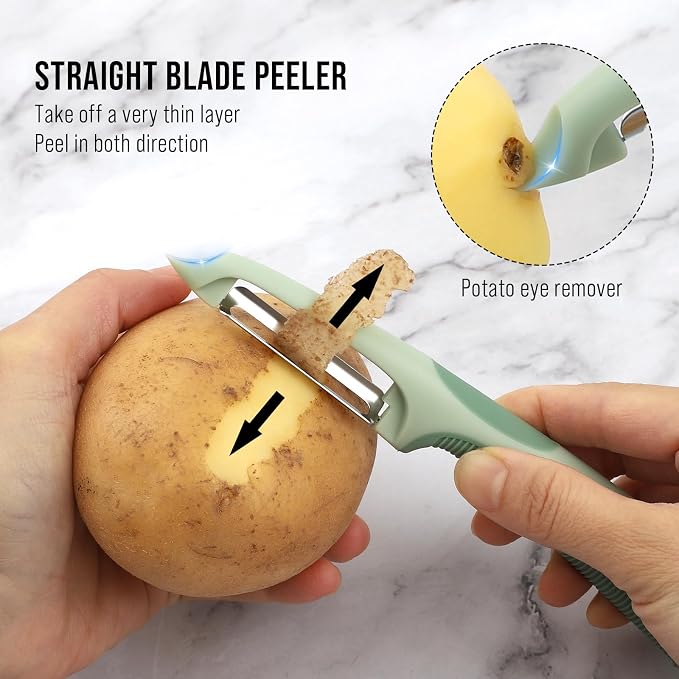 Julienne Peeler Vegetable Peeler with 4.8'' Long Silicone Handle | Non-slip grip & sharp blade; Y carrot shredder -strips for salads & meal prep; Potato peeler -ordinary peeling; 2 Pack; Green