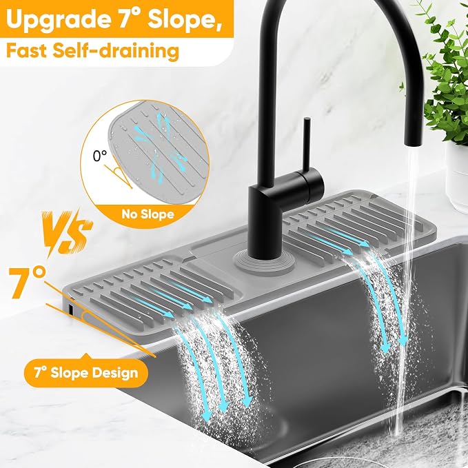 17.7'' Faucet Mat for Kitchen Sink Splash Guard[7° Slope Fast Self-draining][Snap Lock Fit] Folding Kitchen Sink Faucet Mat Splash Guard Kitchen Sink Area Water Splash Guard Behind Faucet Draining Mat