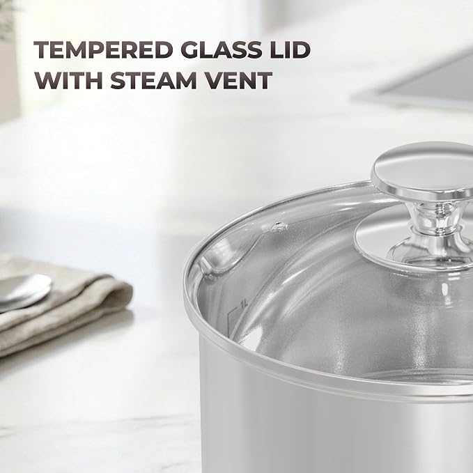 SUNHOUSE 1.5 QT Sauce Pan with Lid & Pour Spouts, Tri-Ply Base | Small 18/10 Stainless Steel Pot & Milk Pan with Cover - Induction Compatible - PFOA Free, Dishwasher Safe