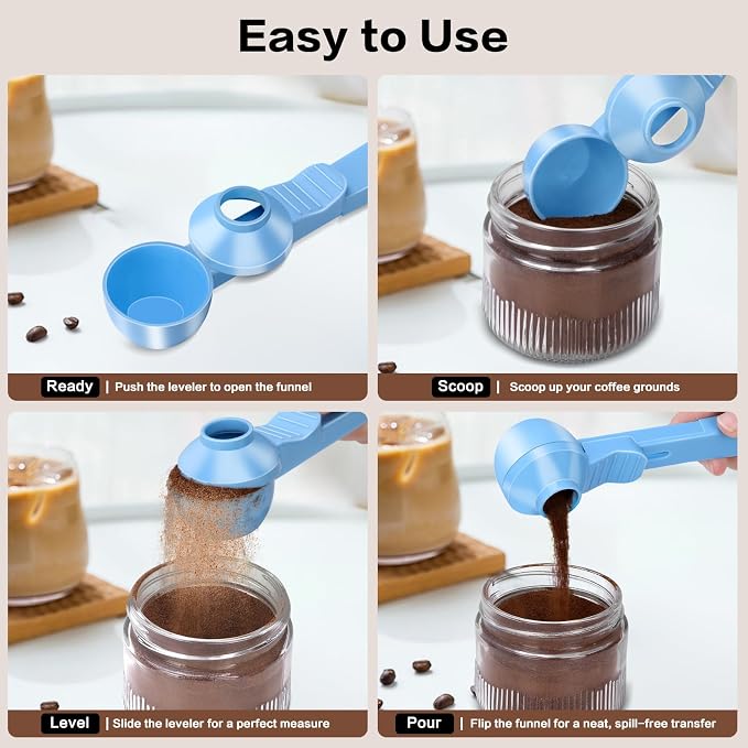 2-in-1 Coffee Scoop with Funnel, 2 Tbsp Measuring Spoon for Reusable K Cups, Ground Coffee, Protein Powder & Tea, Mess-Free Plastic Design（Light Biue-2pack）