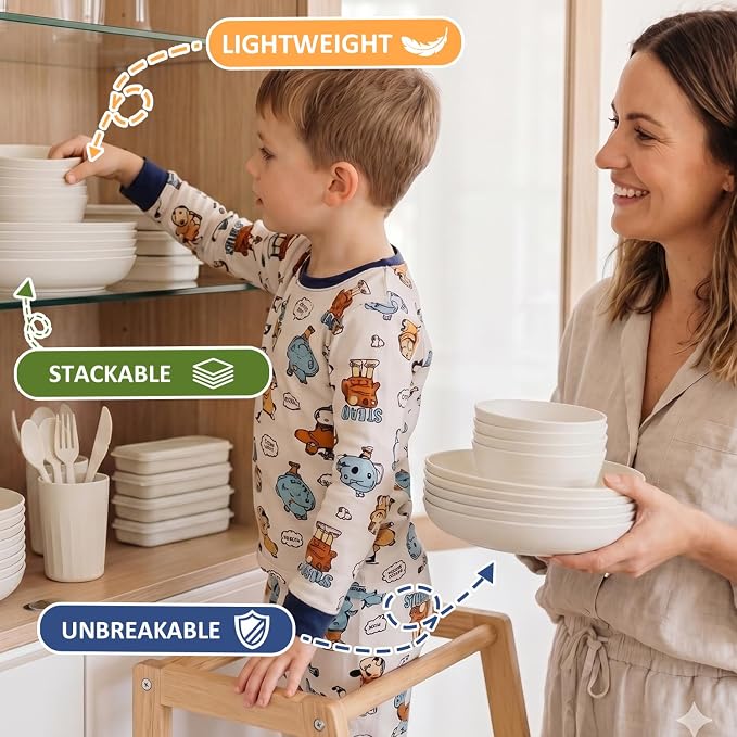 PYRMONT 28 Piece Wheat Straw Dishware Sets Unbreakable Plates and Bowls Sets for 4 Plastic Dishes Set Alternative Microwave & Dishwasher Safe Bowls for Kitchen,Picnic Set-Beige