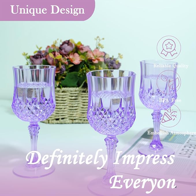 48Pack Plastic Wine Glasses, 7oz Vintage Goblets for Wedding | Unbreakable Crystal Style Reusable Stemware, Elegant Purple Drinking Glass for Party Anniversary & Holiday Celebration
