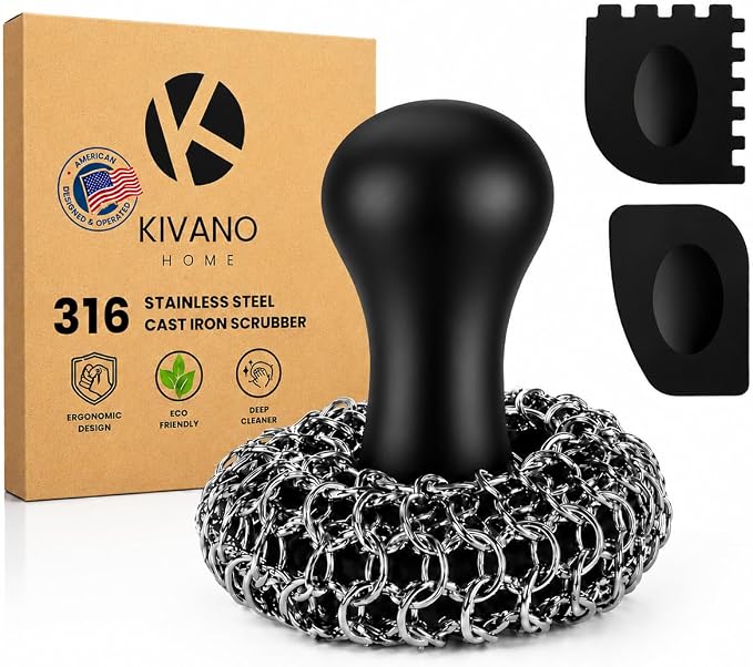 Cast Iron Scrubber with 2 Pan Scrapers – 316L Stainless Steel Chainmail Cleaner for Cast Iron Skillets, Woks, Dutch Ovens & Carbon Steel Pans