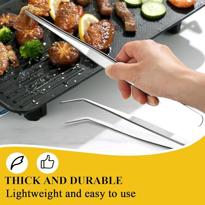 Berglander Kitchen Tweezers Tongs 2pcs, 12" Extra-Long Stainless Steel Metal Heavy Duty Cooking Tweezers for Chef, Serving Food, Grill, Culinary, Pasta, Salad, BBQ