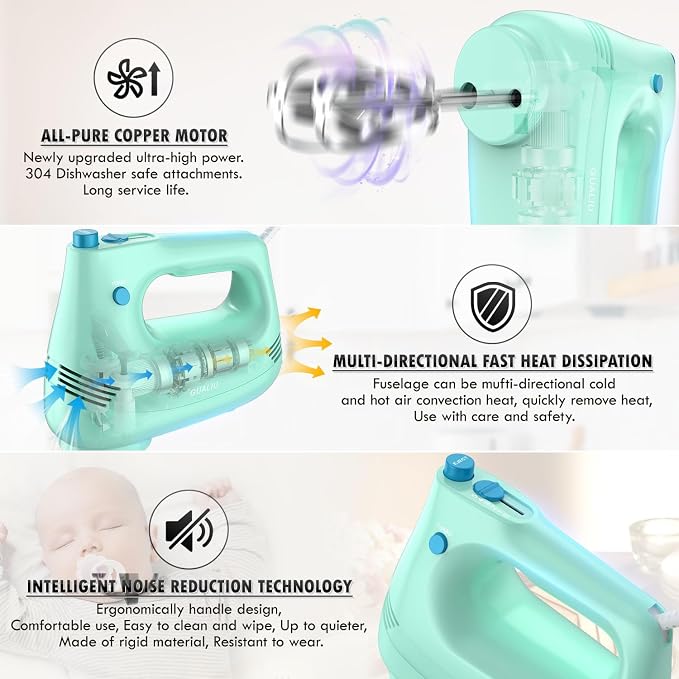GUALIU Electric Hand Mixer, 304*(2* Beaters, 2* Dough Hooks), (1* Storage Bag) Handheld Mixer for Baking Cakes, Eggs, Cream Food Mixers, Turbo Boost /5 Speed Kitchen Blender GREEN