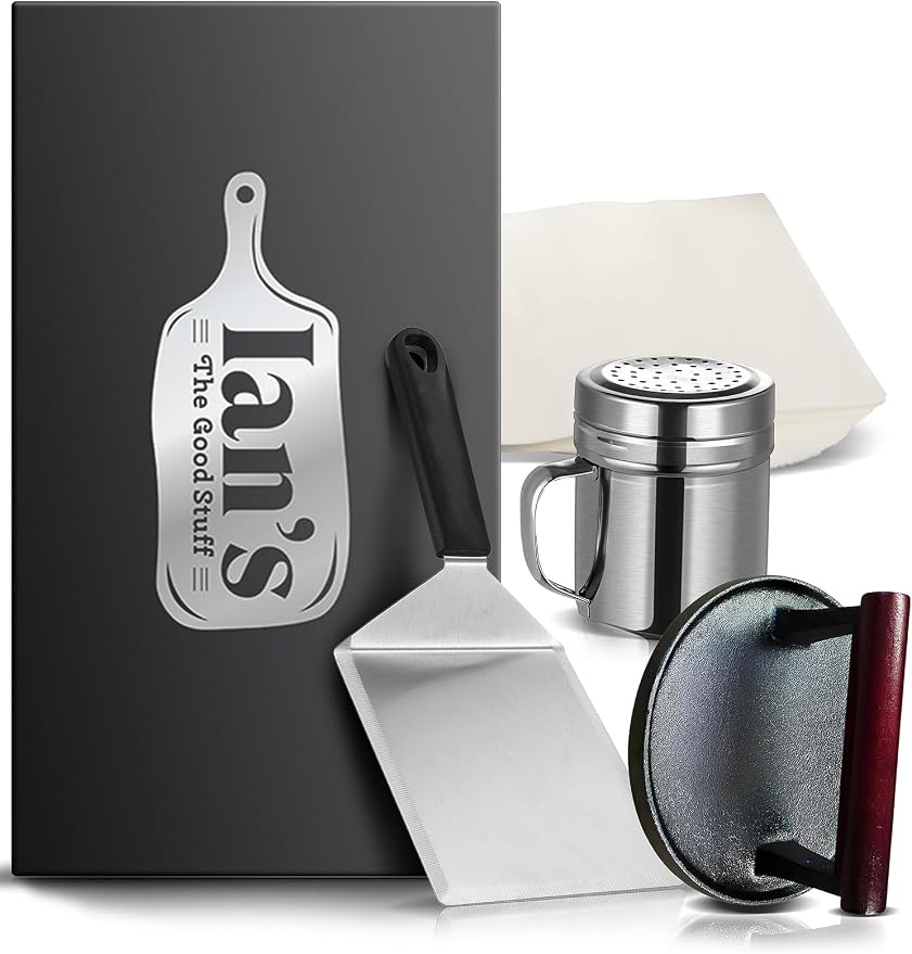 IAN's Smash Burger Press Kit - Cast Iron Burger Press (6.5 in), Smash Burger Spatula, Patty Pakers & Seasoning Shaker - Griddle, Flat Grill, Hibachi Accessories - Gifts for Dad