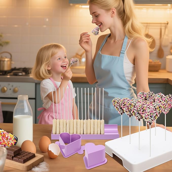 Heart Cake Pop Mold Set with 9in Tray and Sticks- Purple | ABS Cake Pop Maker with Cutter and Pusher, perfect for making uniform cake pops for parties, weddings, and homemade desserts.