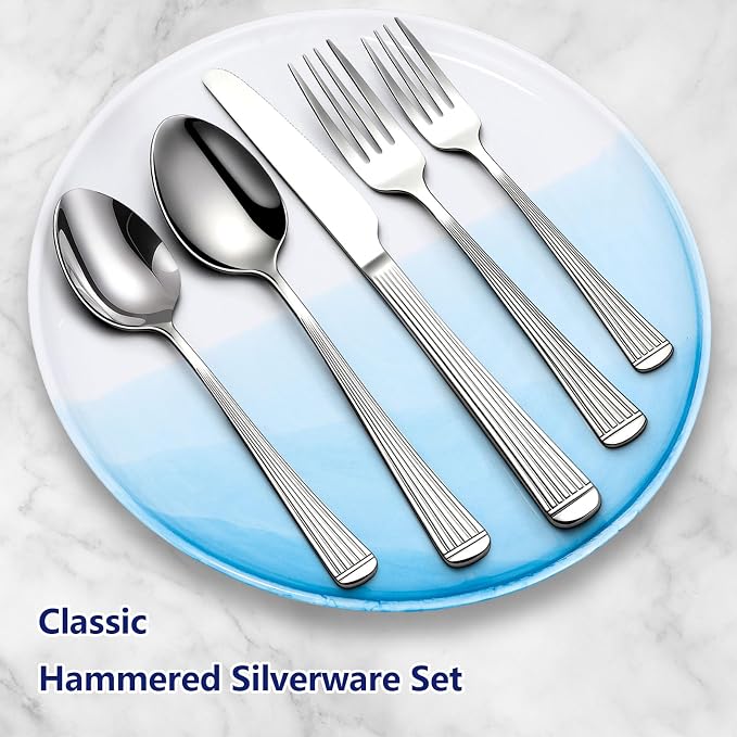 Yoehka 60Piece Hammered Silverware Set,Stainless Steel Flatware Set for 12 | Roman Column Handles, Mirror Polished, Include Spoons/Forks/Knives, For Home, Restaurant, Hotel, Dishwasher Safe