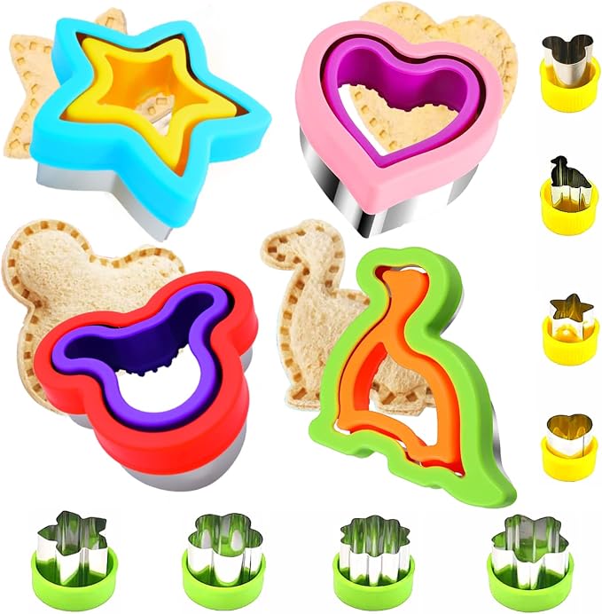 Uncrustable Sandwich Cutter, Crustless Sandwich Cutter and Sealer Set | 12PCS Sandwich Cookie Cutters, Heart Star Dino Mouse Shapes, Lunch & Bento Box Accessories