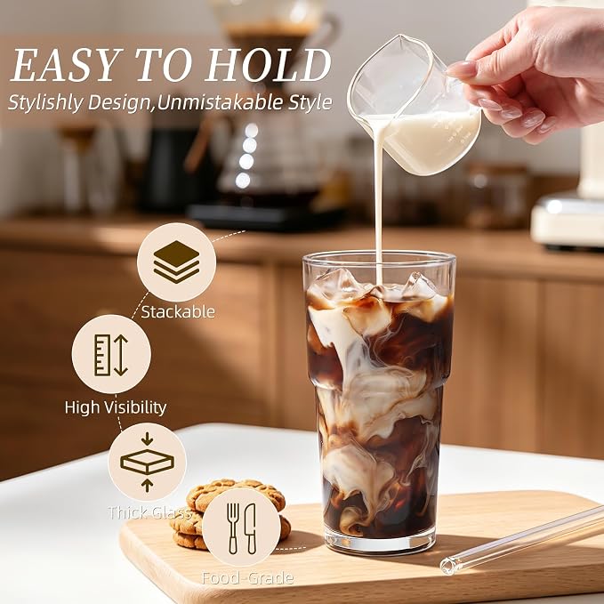 Iced Coffee Cups with Lids: Coffee Bar Accessories - Tumbler Leak Proof for To Go Iced Coffee Cup with Lid 4Pack - 20 oz Glass Cup with Lid and Straws - Thickened Glass Tumbler with Straw and Lid600ml