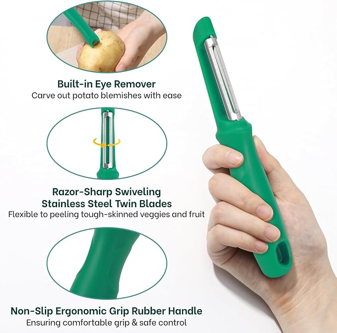 Beneno Swivel Vegetable Peeler, Premium Smooth Peeling Potato Peeler, Green | Razor-Sharp Stainless Steel Blade, Ergonomic Non-Slip Grip, Built-In Potato Eye Remover, Durable Design for Fruits & Veggies