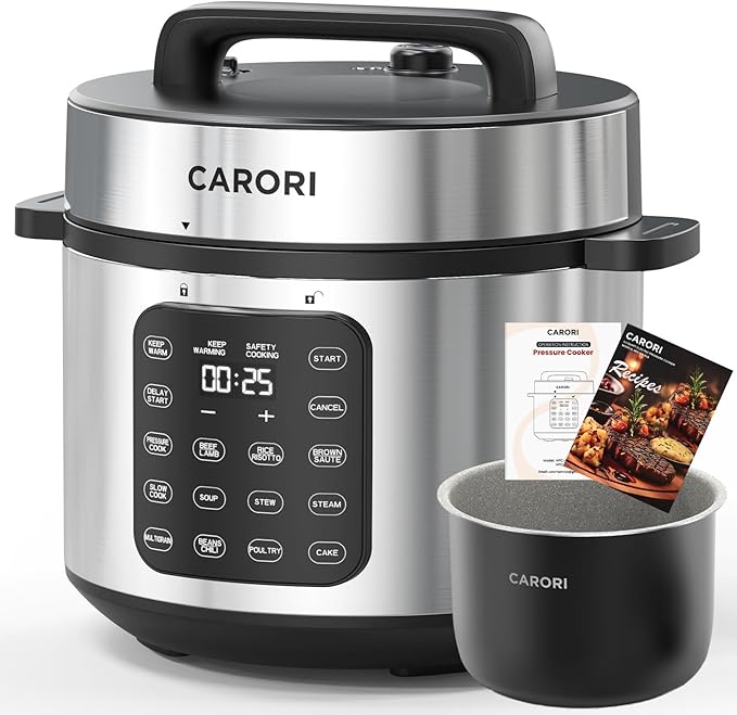 CARORI 8Qt Electric Pressure Cooker, 9-in-1 Multifunction, IMD Touchscreen, Non-Stick Pot. 1200W for Instant Feast. Olla de Presion (Ollas). Safe Venting.Rice,Slow,Steamer, Sauté, Warmer, Silver
