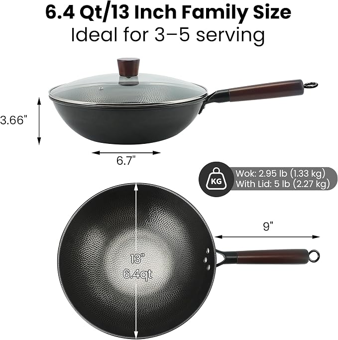 13 Inch Carbon Steel Wok with Lid, Large Flat Bottom Woks & Stir-Fry Pan | Large Chinese Wok Pan, 6.45QT, Nitrided Carbon Steel, No Chemical Coating, For All Stoves
