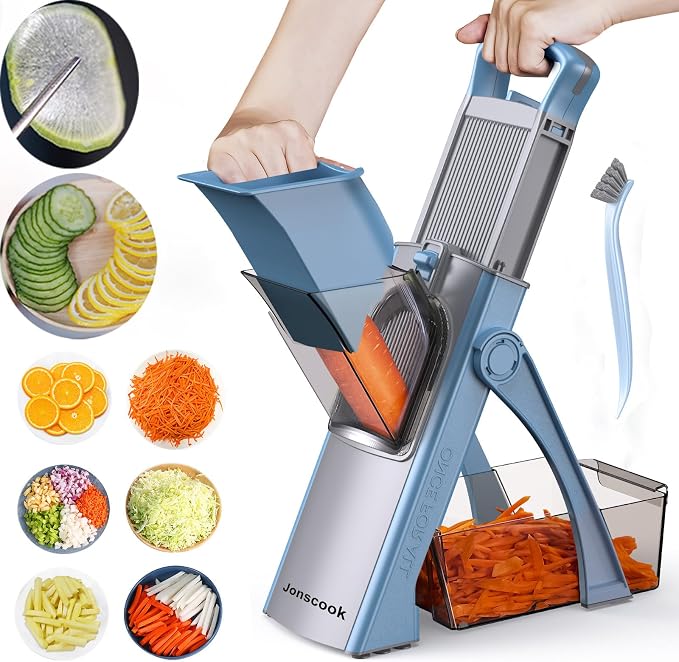 All-in-1 Safe Mandoline Slicer for Kitchen, Food Chopper with Container | 0.1-8mm Thickness Vegetable Chopper, Safe Mandoline Slicer, Potato French Fry Cutter Tomato Apple Slicer Onion (Blue)