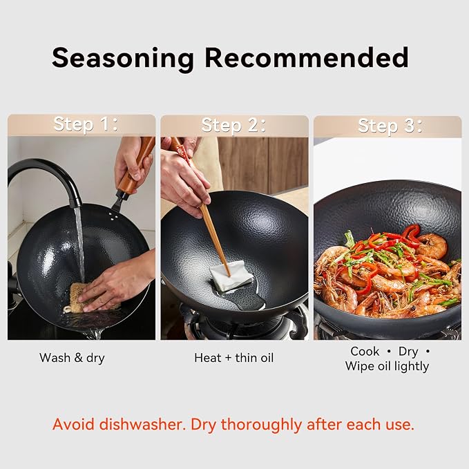 WANGYUANJI Carbon Steel Wok Pan 11 Inch - Round Bottom Traditional Pow Wok (Requires Gas Stove & Wok Ring) - No Coating Hand Hammered Stir Fry Pan with Lid & Detachable Handle