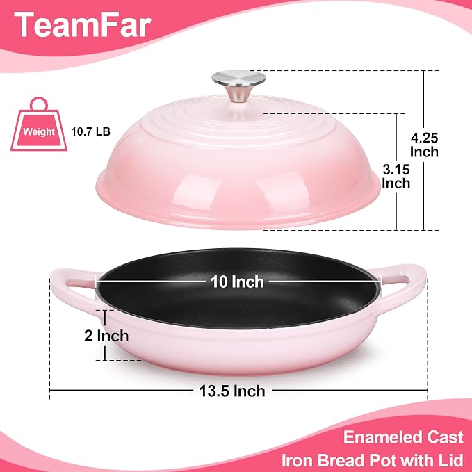 TeamFar Cast Iron Bread Dutch Oven, 6 Qt Enameled Dutch Oven Pot | for Sourdough Bread Baking, with Tall Dome Lid & Round Base Pan, Self-Basting & Even-Heating, Heavy-Duty & Non-stick, Pink