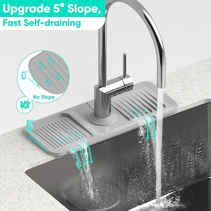 14.6'' Faucet Mat for Kitchen Sink [5°Slope Fast Self-draining] Kitchen Sink Splash Guard Silicone Kitchen Sink Faucet Mat Splash Guard for Kitchen Sink Area Faucet Guard Draining Mat Light Gray