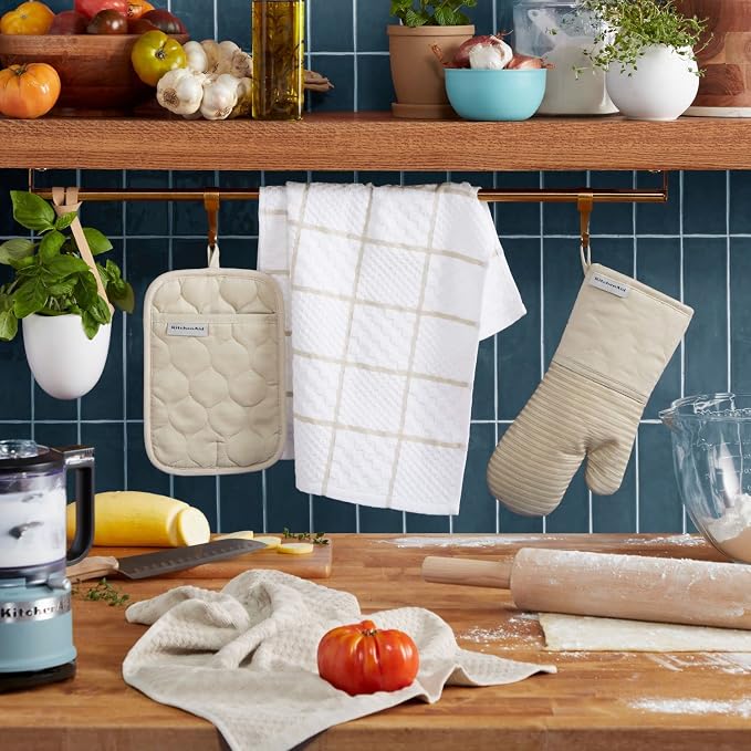 KITCHENAID Quilted Cotton Terry Cloth Oven Mitt, Pot Holder, Kitchen Towel 4-Pack Set, Heat Resistant, Silicone Grip, 16"x26", 7"x13" & 7"x10", Milkshake Tan