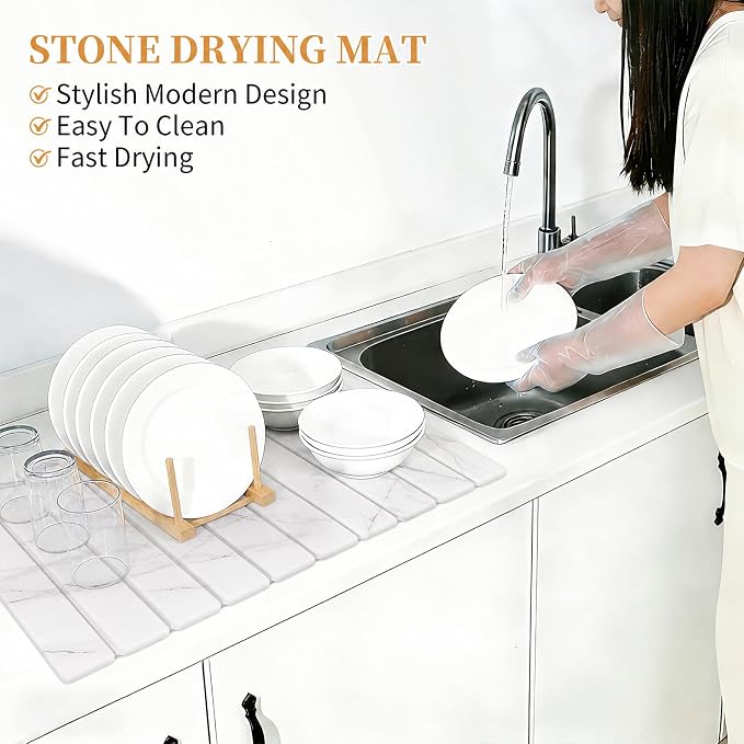 Stone Dish Drying Mat for Kitchen - Diatomaceous Earth Drying Mats | White Marble Pattern, Counter Mats Quick Dry, Foldable Design, Super Absorbent, (24"×16"/ 8"x4" / 1 Drain Rack) for Dishes